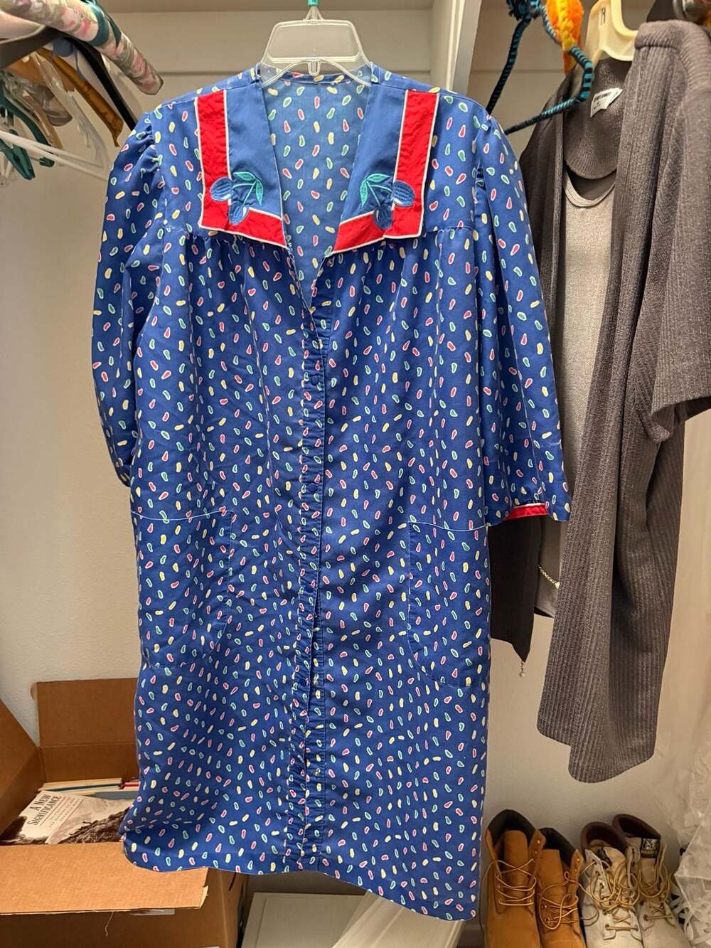 Vintage House Dress Blue Confetti Print Size L